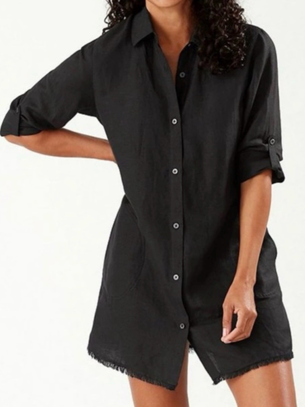 Tommy Bahama St Lucia boyfriend shirt Linen black abalone button down pockets